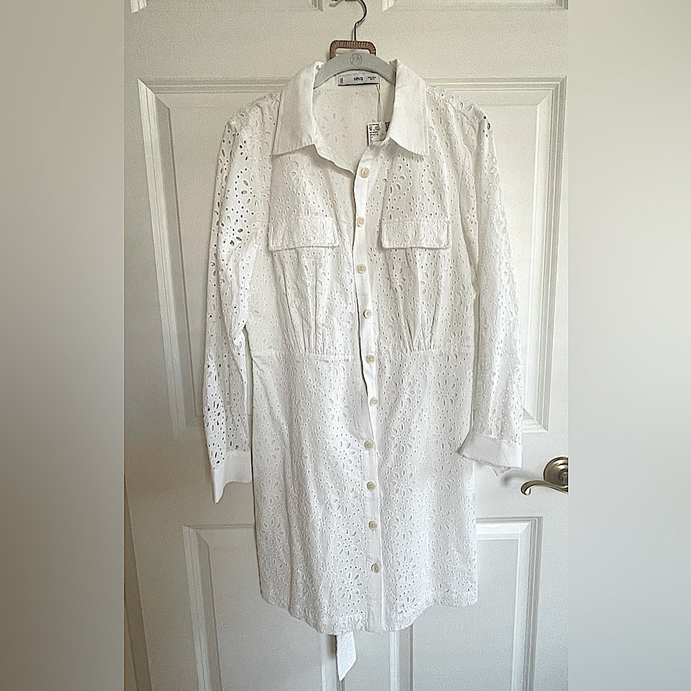NTW MANGO LONG SLEEVE WHITE COTTON EYELET SHIRTDRESS, SIZE L - Picture 3 of 15